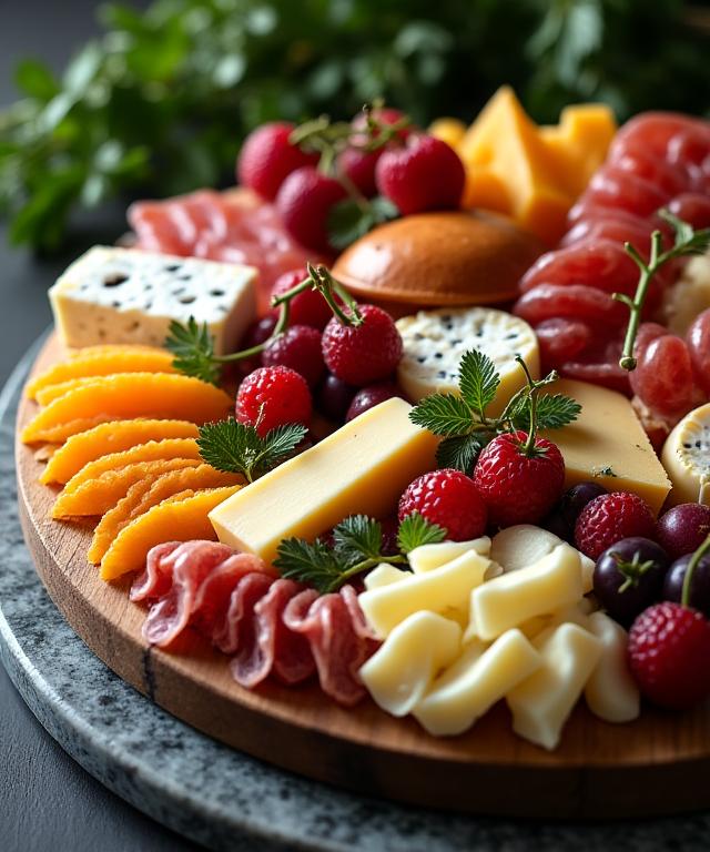 An elegant catering platter with an assortment of cheeses, fruits, and charcuterie.