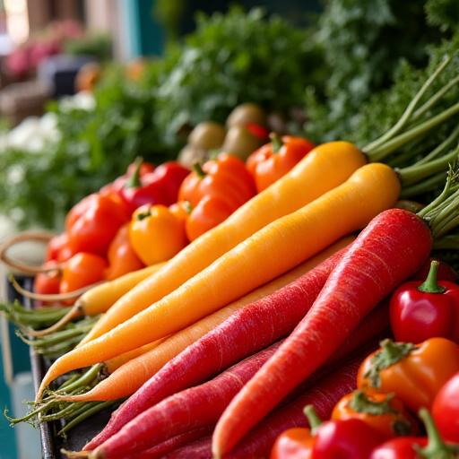 A colourful arrangement of fresh vegetables like carrots, bell peppers, and leafy greens.
