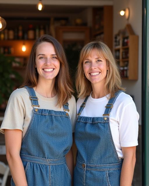 The founders of Harvest Bloom Provisions smiling in front of their store.
