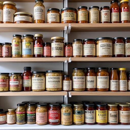 Shelves stocked with jars of olives, specialty sauces, and packages of artisanal pasta.
