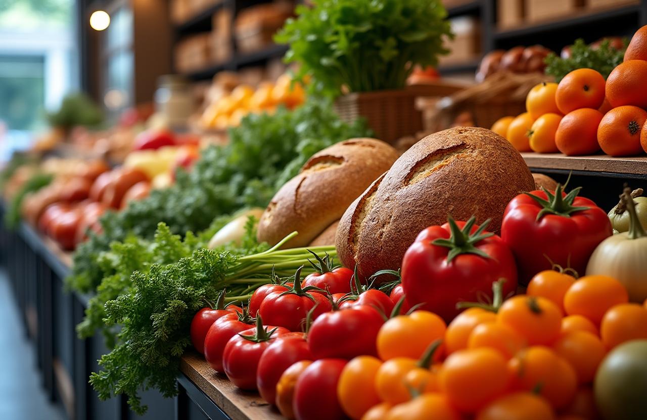 A vibrant display of fresh vegetables and artisanal breads at Harvest Bloom Provisions.