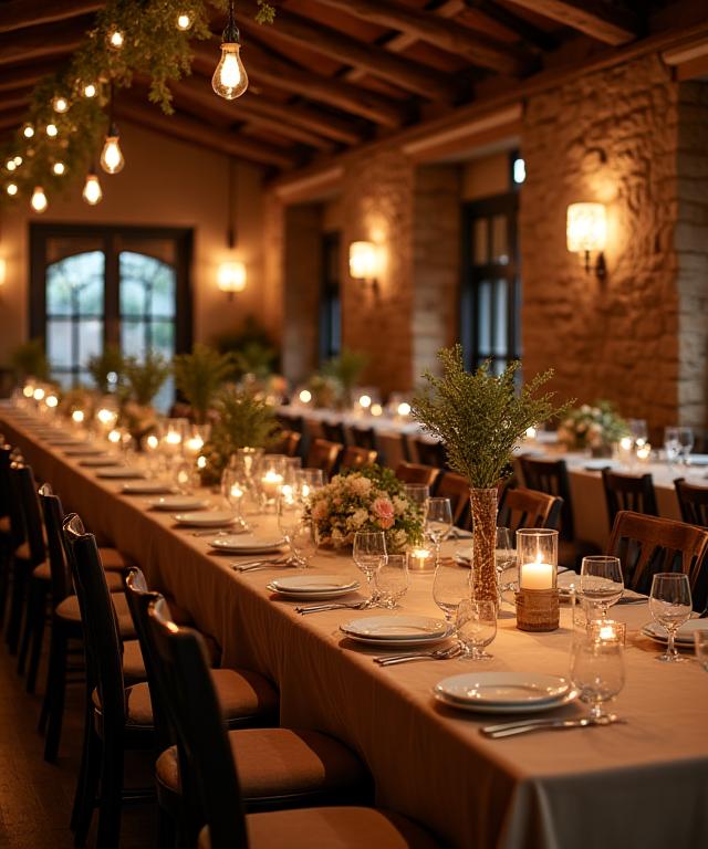 The interior of Harvest Bloom Provisions set up for a private dinner event.