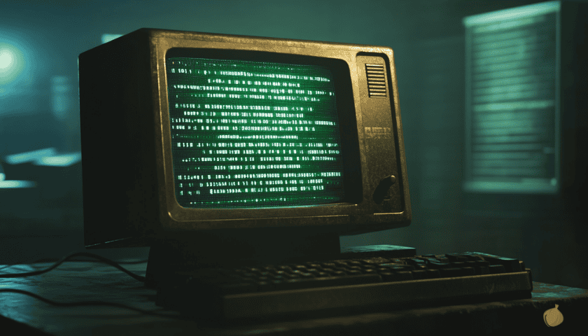 Retro CRT monitor displaying a search prompt, evoking dark web search engines.